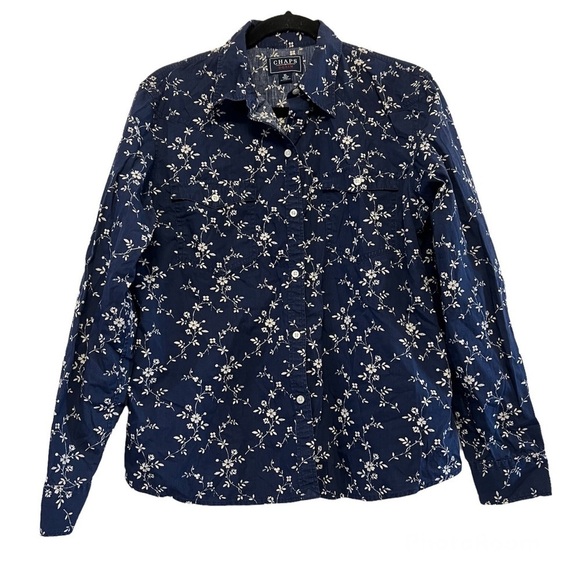 Chaps Denim Navy Blue & White Floral Button Down Shirt - Picture 1 of 3